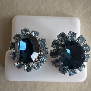 Vintage Blue Rhinestone Clip-On Earrings | Silver Tone Statement